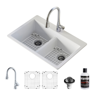 Karran 33" Top Mount Double Bowl 50/50 Quartz Kitchen Sink in White with Kitchen Faucet in Stainless Steel