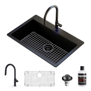 Karran QT-812 Top Mount 33" Large Single Bowl Quartz Kitchen  Sink in Black With Kitchen Faucet in Matte Black
