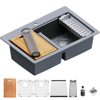 Karran QTWS-880 Drop-in 33" Double Equal 50/50 Bowl Workstation Kitchen Sink in Grey