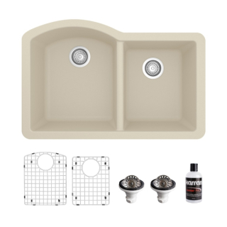 Undermount Quartz Composite 32" 60/40 Double Bowl Kitchen Sink Kit in Bisque