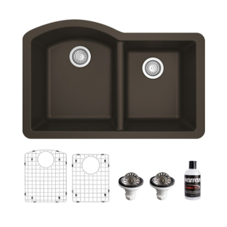 Undermount Quartz Composite 32" 60/40 Double Bowl Kitchen Sink Kit in Brown