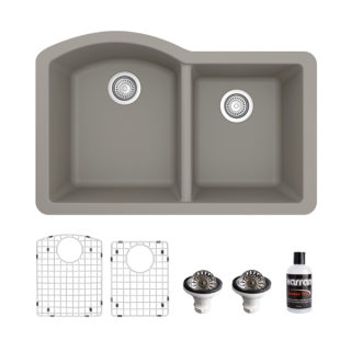 Undermount Quartz Composite 32" 60/40 Double Bowl Kitchen Sink Kit in Concrete