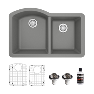 Undermount Quartz Composite 32" 60/40 Double Bowl Kitchen Sink Kit in Grey