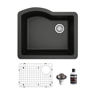 Undermount Quartz Composite 24" Single Bowl Kitchen Sink Kit in Black