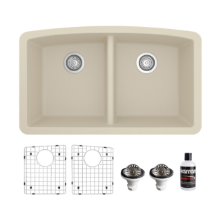 Undermount Quartz Composite 32" 50/50 Double Bowl Kitchen Sink Kit in Bisque