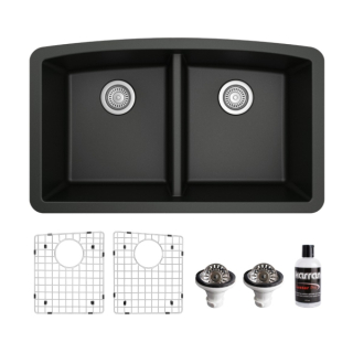 Undermount Quartz Composite 32" 50/50 Double Bowl Kitchen Sink Kit in Black