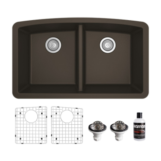 Undermount Quartz Composite 32" 50/50 Double Bowl Kitchen Sink Kit in Brown