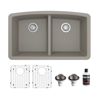 Undermount Quartz Composite 32" 50/50 Double Bowl Kitchen Sink Kit in Concrete