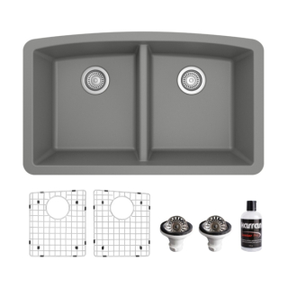 Undermount Quartz Composite 32" 50/50 Double Bowl Kitchen Sink Kit in Grey