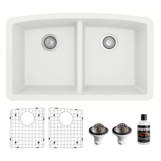 Undermount Quartz Composite 32" 50/50 Double Bowl Kitchen Sink Kit in White