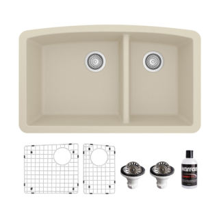 Undermount Quartz Composite 32" 60/40 Double Bowl Kitchen Sink Kit in Bisque