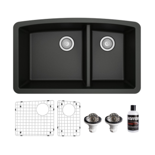 Undermount Quartz Composite 32" 60/40 Double Bowl Kitchen Sink Kit in Black