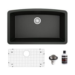 Undermount Quartz Composite 32" Single Bowl Kitchen Sink Kit in Black