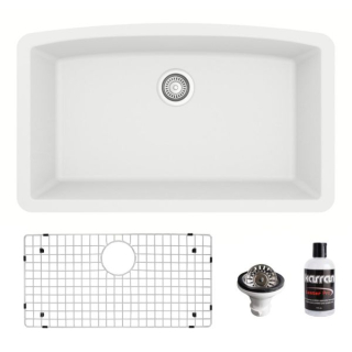 Undermount Quartz Composite 32" Single Bowl Kitchen Sink Kit in White