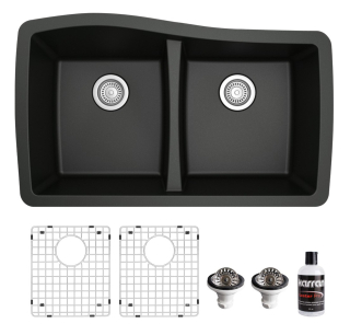 Karran Undermount Quartz Composite 33" 50/50 Double Bowl Kitchen Sink kit Black