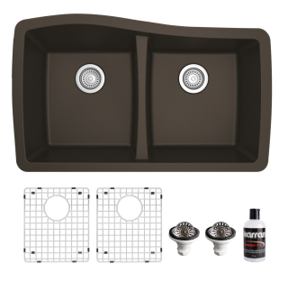 Karran Undermount Quartz Composite 33" 50/50 Double Bowl Kitchen Sink kit Brown