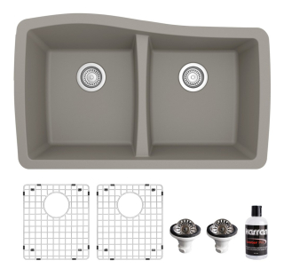 Karran Undermount Quartz Composite 33" 50/50 Double Bowl Kitchen Sink kit Concrete