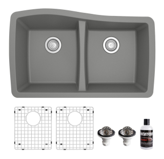 Karran Undermount Quartz Composite 33" 50/50 Double Bowl Kitchen Sink kit Grey