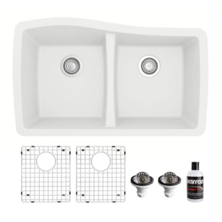 Karran Undermount Quartz Composite 33" 50/50 Double Bowl Kitchen Sink kit White