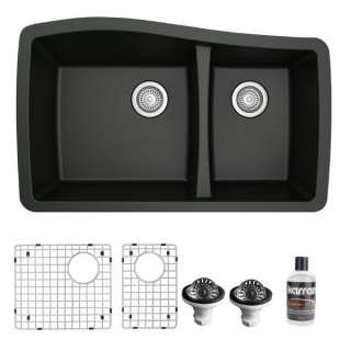 Undermount Quartz Composite 33" 60/40 Double Bowl Kitchen Sink Bottom Grids and Strainers in Black