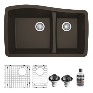 Undermount Quartz Composite 33" 60/40 Double Bowl Kitchen Sink Bottom Grids and Strainers in Brown