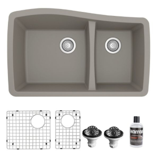 Undermount Quartz Composite 33" 60/40 Double Bowl Kitchen Sink Bottom Grids and Strainers in Concrete
