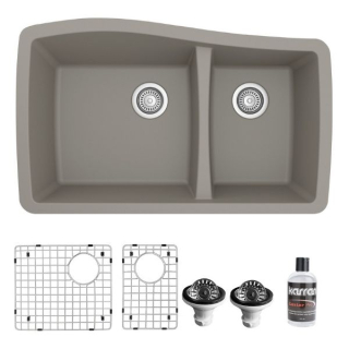 Undermount Quartz Composite 33" 60/40 Double Bowl Kitchen Sink Bottom Grids and Strainers in Grey