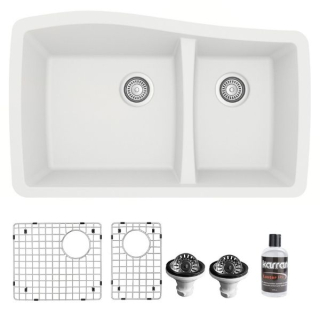 Undermount Quartz Composite 33" 60/40 Double Bowl Kitchen Sink Bottom Grids and Strainers in White