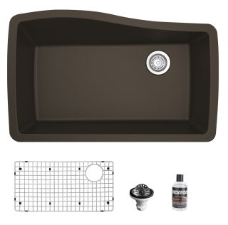 Undermount Quartz Composite 33" Single Bowl Kitchen Sink in Brown with Grid & Waster Strainer in Stainless Steel