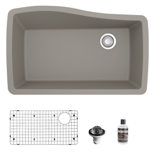 Undermount Quartz Composite 33" Single Bowl Kitchen Sink in Concrete with Grid & Waster Strainer in Stainless Steel