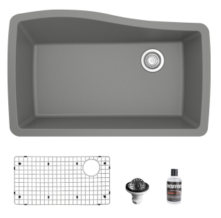 Undermount Quartz Composite 33" Single Bowl Kitchen Sink in Grey with Grid & Waster Strainer in Stainless Steel