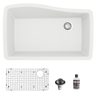 Undermount Quartz Composite 33" Single Bowl Kitchen Sink in White with Grid & Waster Strainer in Stainless Steel
