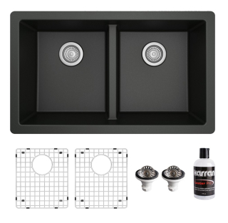 Karran 32" Undermount Double Equal Bowl Quartz Kitchen Sink Kit in Black