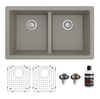 Karran 32" Undermount Double Equal Bowl Quartz Kitchen Sink Kit in Concrete