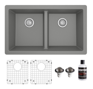 Karran 32" Undermount Double Equal Bowl Quartz Kitchen Sink Kit in Grey