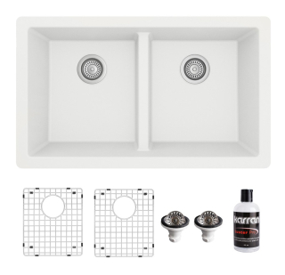 Karran 32" Undermount Double Equal Bowl Quartz Kitchen Sink Kit in White