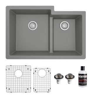 Karran 32" Undermount Large/Small Bowl Quartz Kitchen Sink Kit in Grey