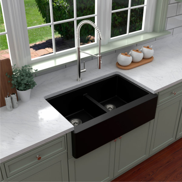 34" Undermount Double Equal Bowl Quartz Farmhouse Kitchen Sink in Black